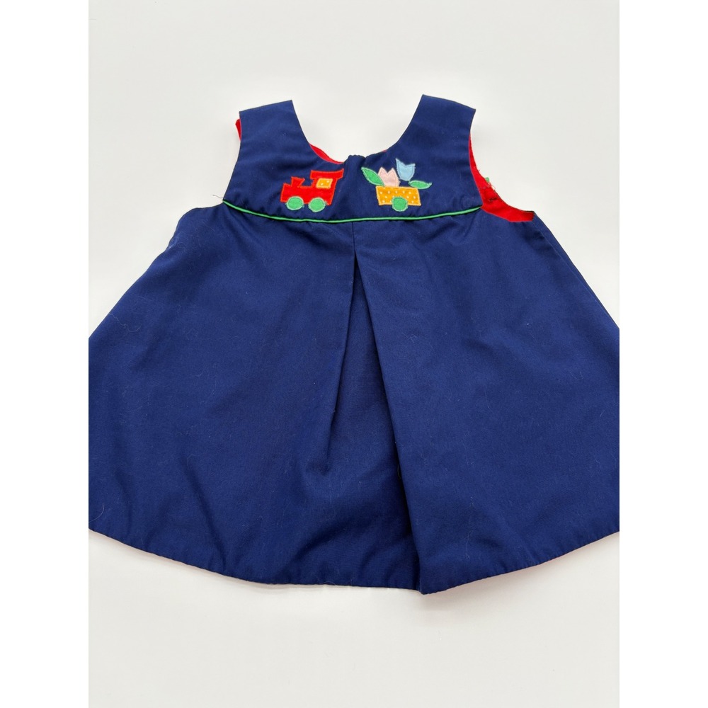 Vintage Sleeveless Dress Infant 3-6 Months Navy Blue Train Embroidery